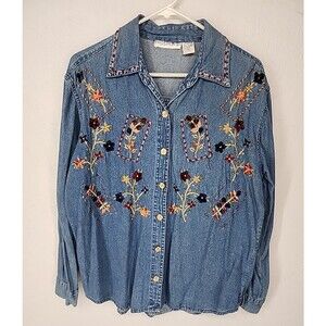 Vintage Top Chambray Floral Embroidered Western Prairie 90s Granny Button Up
